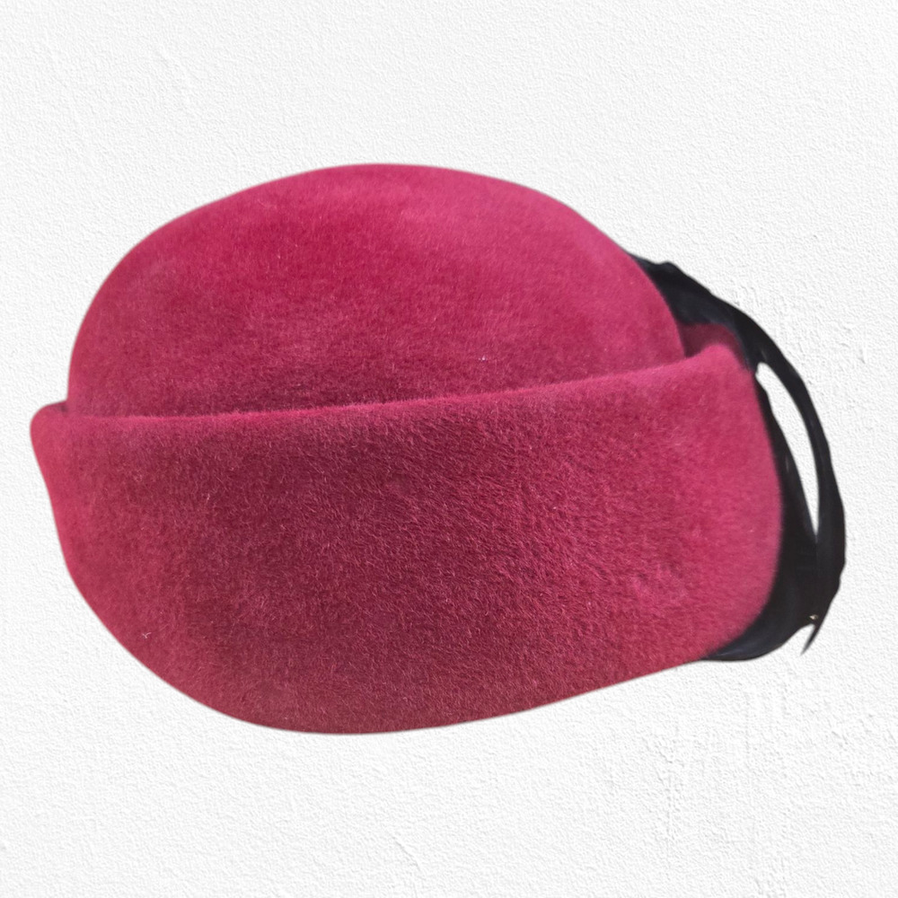 1950s Vintage Burgundy Wool Hat Black Feathers Mid-Century Formal Fascinator - Picture 3 of 10